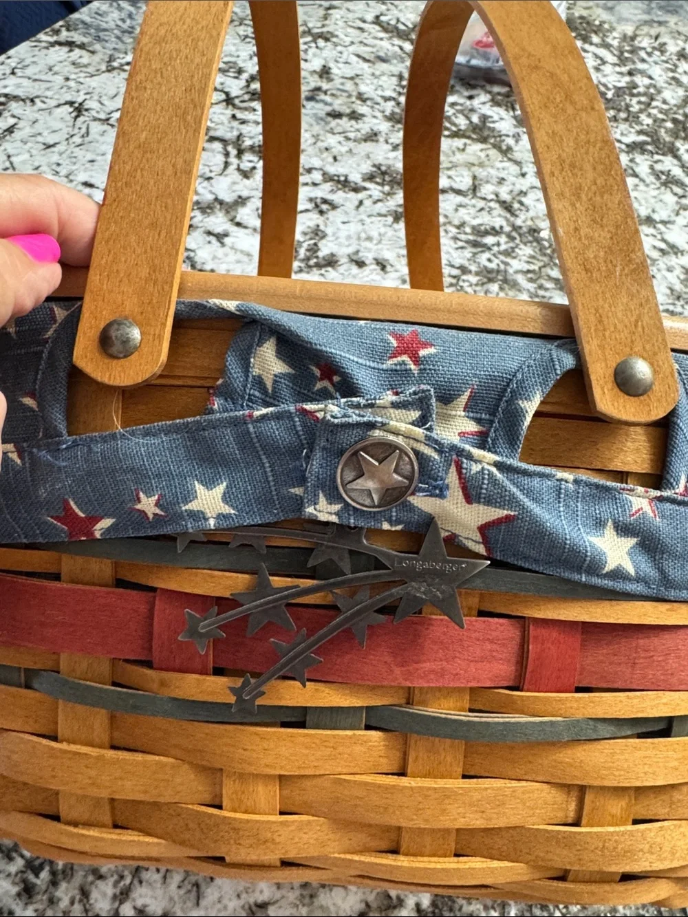 Longaberger Patriotic Star Woven Picnic Basket in Blue, Red, White